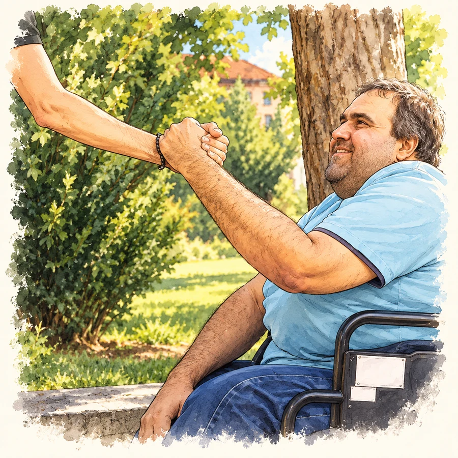 Comicillustration: Ein Mann im Rollstuhl begrüßt eine andere Person